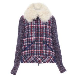 MONCLER GRENOBLE Runway Soleil red blue tweed fur collar down puffer Sz.0 XS